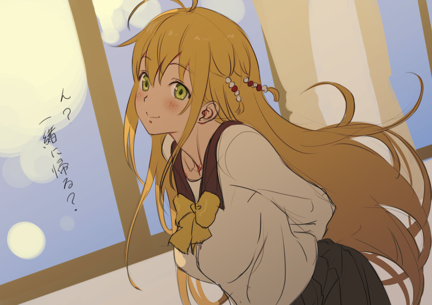 1girl absurdres antenna_hair arms_behind_back beads black_skirt blonde_hair blush bow closed_mouth green_eyes hair_beads hair_between_eyes hair_ornament highres long_hair long_sleeves pleated_skirt school_uniform shirt skirt smile solo tarokazu translated tsurumaki_maki very_long_hair voiceroid white_shirt window yellow_bow