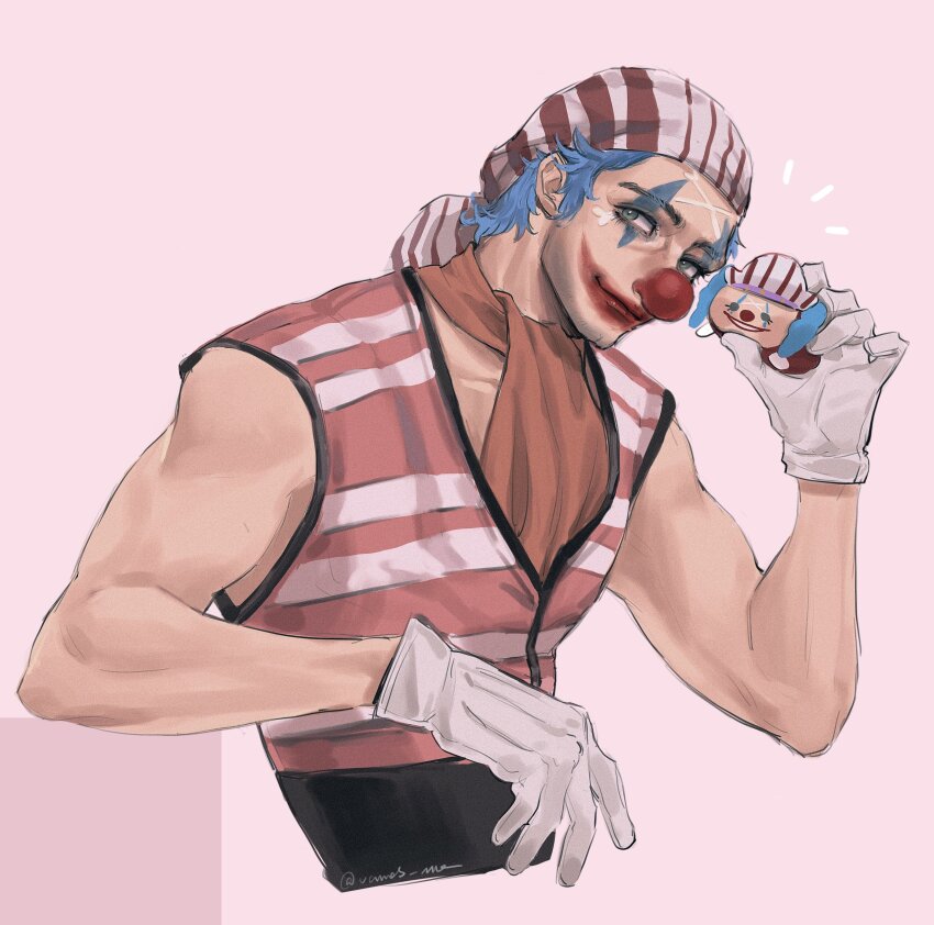 1boy absurdres ascot blue_hair brown_ascot buggy_the_clown character_doll cleft_chin closed_mouth clown_nose commentary doll eyelashes facepaint gloves green_eyes highres holding holding_doll looking_at_viewer male_focus merchandise one_piece one_piece_(live_action) pink_background realistic simple_background solo symbol-only_commentary upper_body vamos_mk white_gloves
