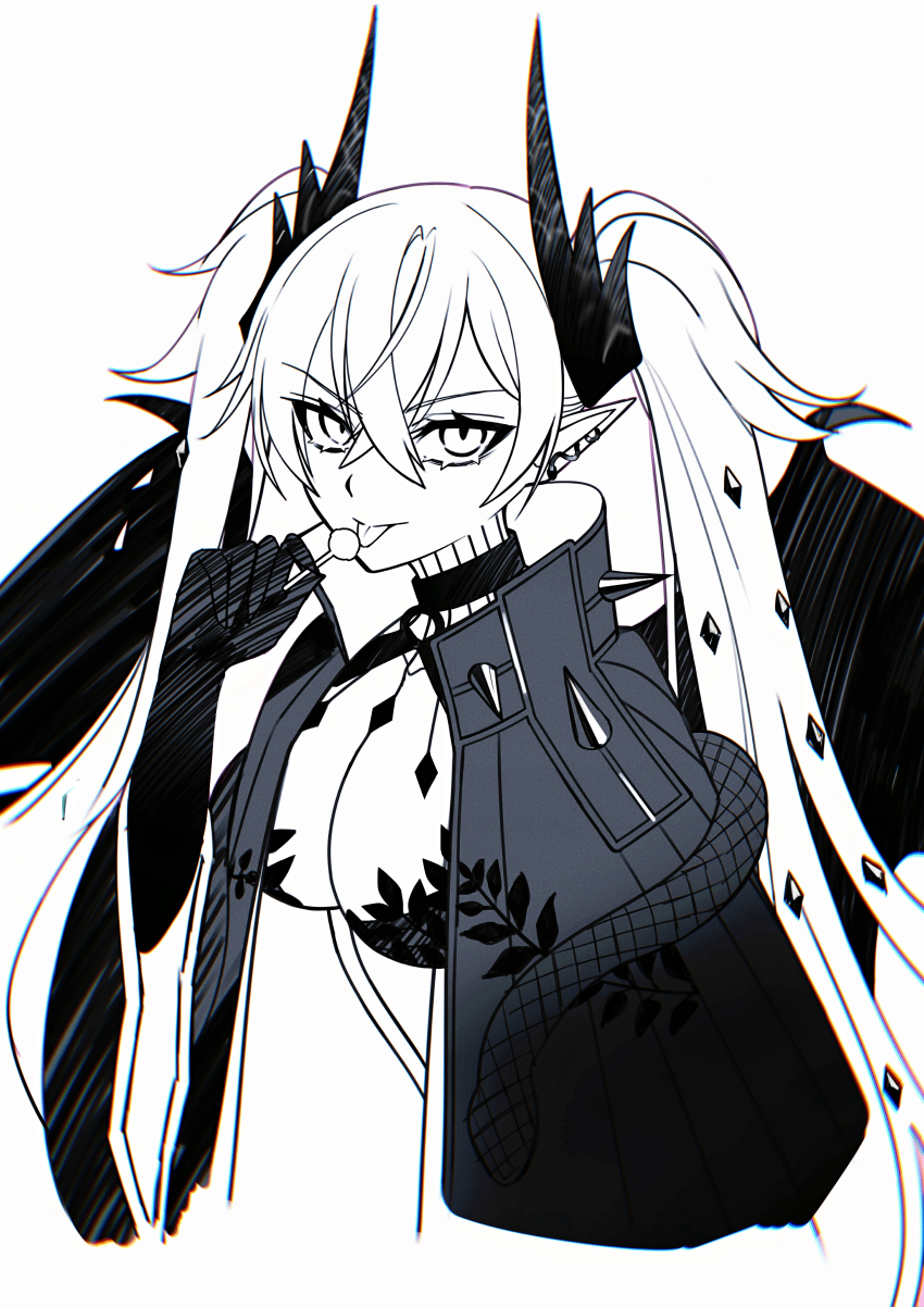 1girl absurdres breasts candy cleavage fate/grand_order fate_(series) food hand_up highres holding holding_candy holding_food holding_lollipop horns jacket lollipop long_hair looking_at_viewer monochrome lilith_(fate) pointy_ears sakuma_kou solo tongue tongue_out twintails wings