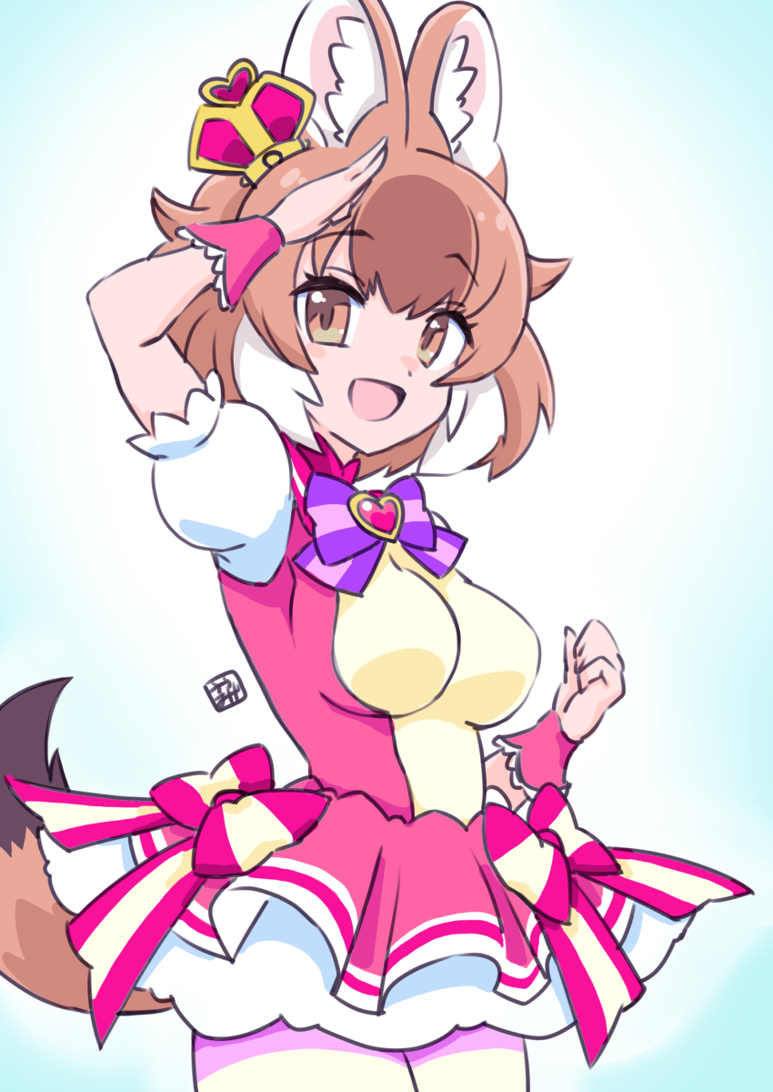 1girl alternate_costume animal_ears blush bow bowtie brooch brown_eyes brown_hair cosplay cowboy_shot crown cure_wonderful cure_wonderful_(cosplay) dhole_(kemono_friends) dog_ears dog_girl dog_tail dress dress_bow frilled_dress frills hair_between_eyes heart heart-shaped_ornament heart_brooch highres inukai_komugi jewelry kemono_friends legs_together light_brown_hair looking_at_viewer mini_crown multicolored_bow multicolored_hair multicolored_pantyhose open_mouth pantyhose pariparifromage pink_bow pink_crown pink_dress pleated_dress precure puffy_short_sleeves puffy_sleeves purple_bow purple_bowtie salute short_dress short_sleeves sidelocks smile solo standing striped_clothes striped_pantyhose tail two-tone_dress white_hair white_sleeves wonderful_precure! wrist_cuffs yellow_dress