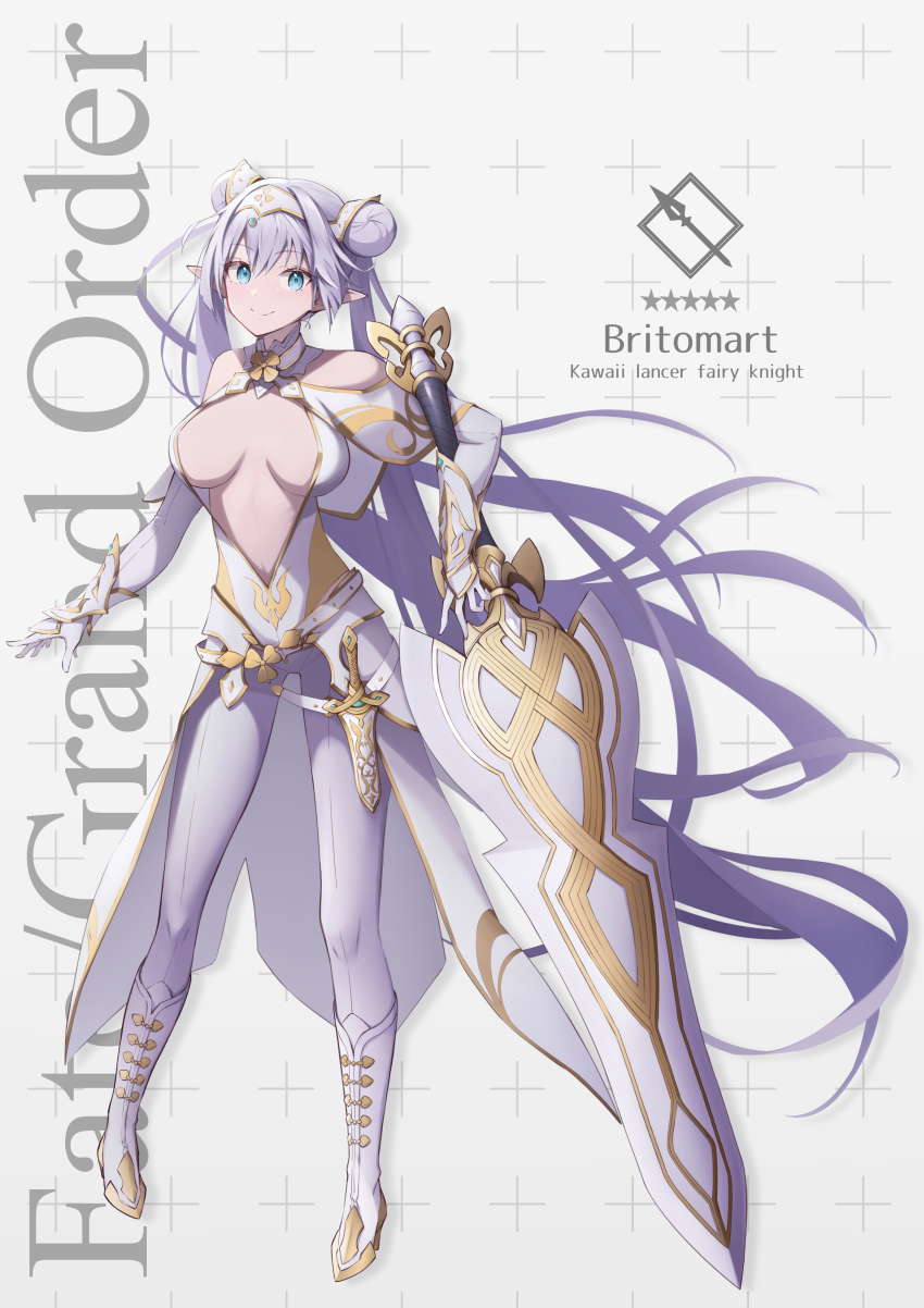 1girl absurdres arm_guards bare_shoulders belt blue_eyes blush boots breasts britomart_(fate) britomart_(second_ascension)_(fate) capelet center_opening character_name cleavage copyright_name dagger double_bun dress elbow_gloves fate/grand_order fate_(series) full_body gloves gold_trim greatsword grey_hair hair_bun hairband highres knee_boots knife large_breasts long_hair looking_at_viewer pants pointy_ears smile sword taut_clothes taut_dress tight_clothes tight_pants twintails very_long_hair weapon white_boots white_capelet white_dress white_gloves white_pants yuniyuni