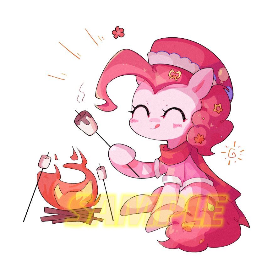 :q ^_^ animal animal_focus campfire cape closed_eyes colored_skin curly_hair cutie_mark flower food hair_ornament hair_ribbon hashtag-only_commentary hat highres holding holding_stick leaf marshmallow my_little_pony my_little_pony:_friendship_is_magic no_humans pink_hair pink_hat pink_shirt pink_skin pink_tail pinkie_pie pony_(animal) red_cape red_flower ribbon roasted_marshmallow sample_watermark shirt short_hair short_sleeves simple_background smile star_(symbol) star_hair_ornament stick tail tongue tongue_out watermark white_background white_trim y_songmo yellow_ribbon