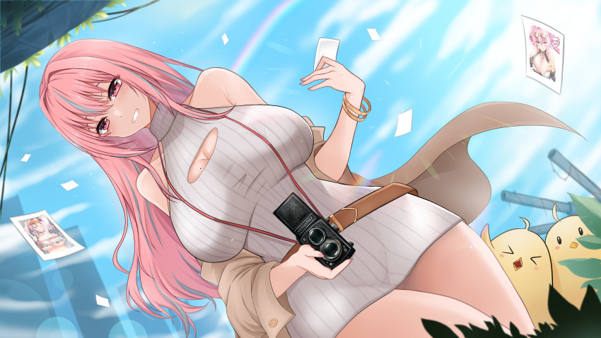 &gt;_&lt; 1girl absurdres alternate_costume azur_lane baby_animal bare_shoulders belt bird blue_sky bracelet breasts bremerton_(azur_lane) bremerton_(kung_fu_cruiser)_(azur_lane) brown_belt brown_coat camera camera_around_neck chick cleavage cloud coat collarbone commentary cowboy_shot day dress dutch_angle grey_dress grey_hair grin hair_between_eyes hair_down hair_intakes highres holding holding_camera jewelry kuroakei large_breasts light_blush long_hair long_sleeves looking_at_viewer manjuu_(azur_lane) mole mole_on_breast mole_under_eye multicolored_hair off_shoulder open_clothes open_coat paid_reward_available photo_(object) pink_eyes pink_hair pink_nails rainbow ribbed_dress ship_turret sidelocks sky sleeveless sleeveless_dress sleeveless_turtleneck_dress smile solo_focus standing streaked_hair taut_clothes taut_dress teeth two-tone_hair wind