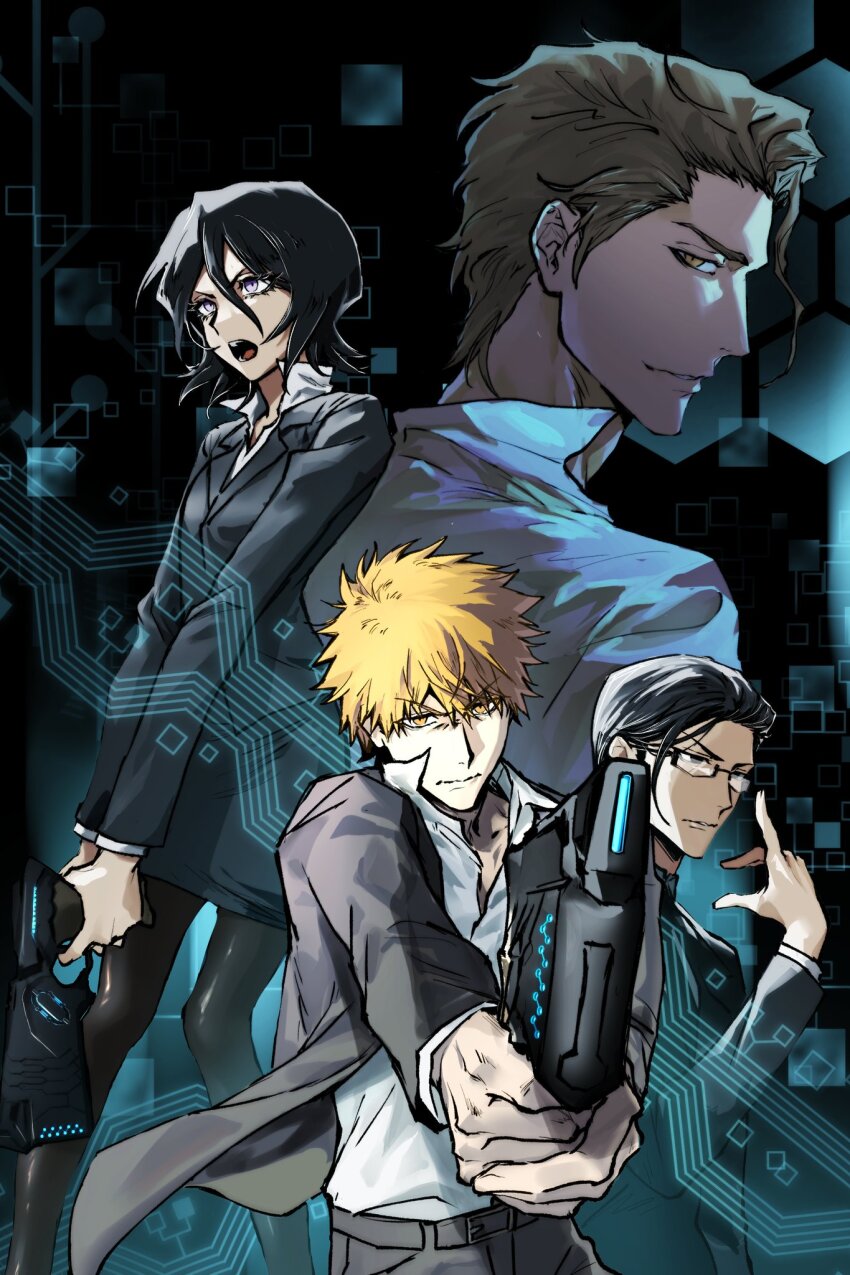 1girl 3boys aizen_sousuke black_hair bleach brown_hair closed_mouth collared_shirt commentary_request glasses gun hair_between_eyes hair_slicked_back highres holding holding_gun holding_weapon ishida_uryuu korean_commentary kuchiki_rukia kurosaki_ichigo looking_back losloslaus multiple_boys open_mouth orange_eyes orange_hair psycho-pass shirt weapon