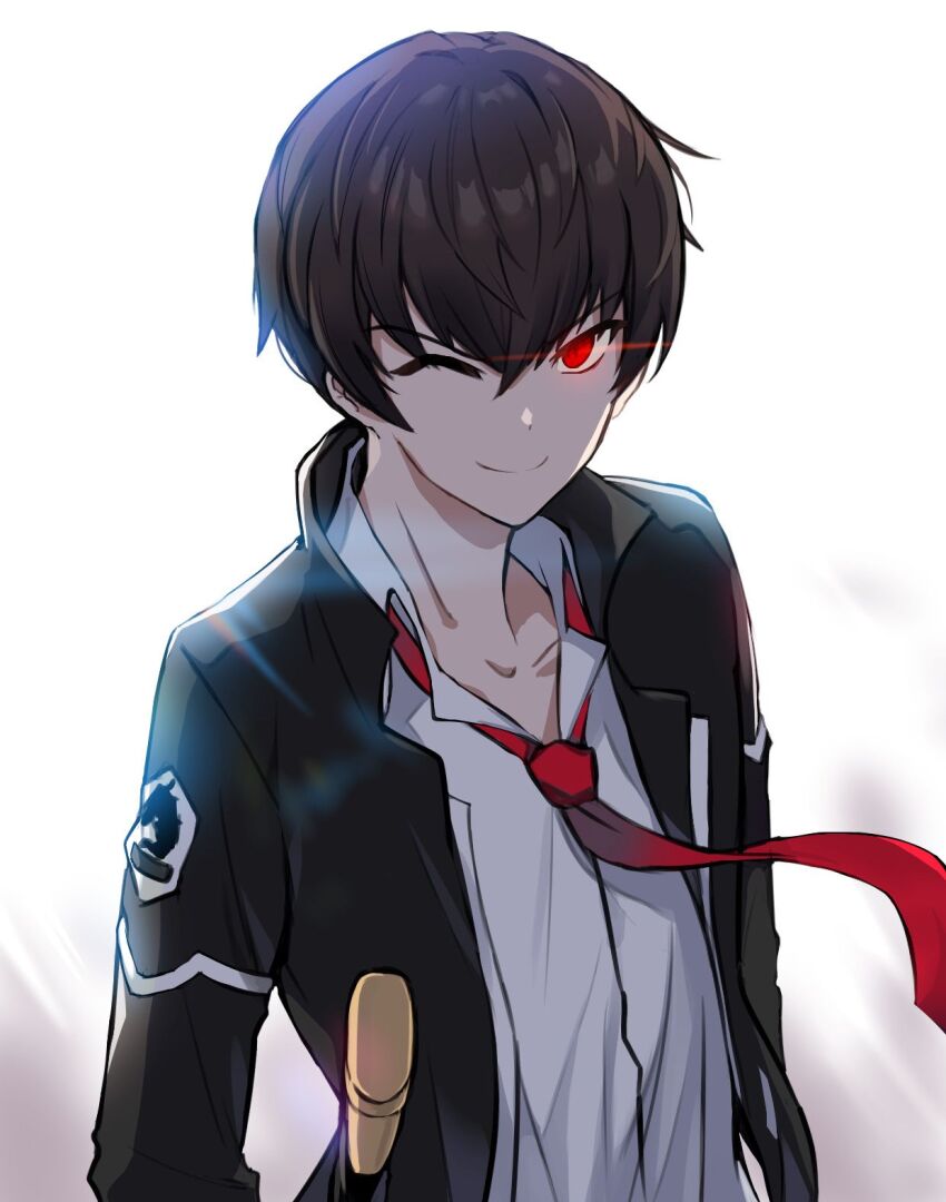 &gt;:) 1boy ;) backlighting black_jacket brown_hair collarbone collared_shirt commentary counter:side floating_neckwear glowing glowing_eye hair_between_eyes highres jacket joo_shiyoon long_sleeves looking_at_viewer loose_necktie losvje1024 male_focus necktie one_eye_closed open_clothes open_jacket red_eyes red_necktie shirt short_hair smile sword_hilt upper_body v-shaped_eyebrows variant_set white_background white_shirt wing_collar