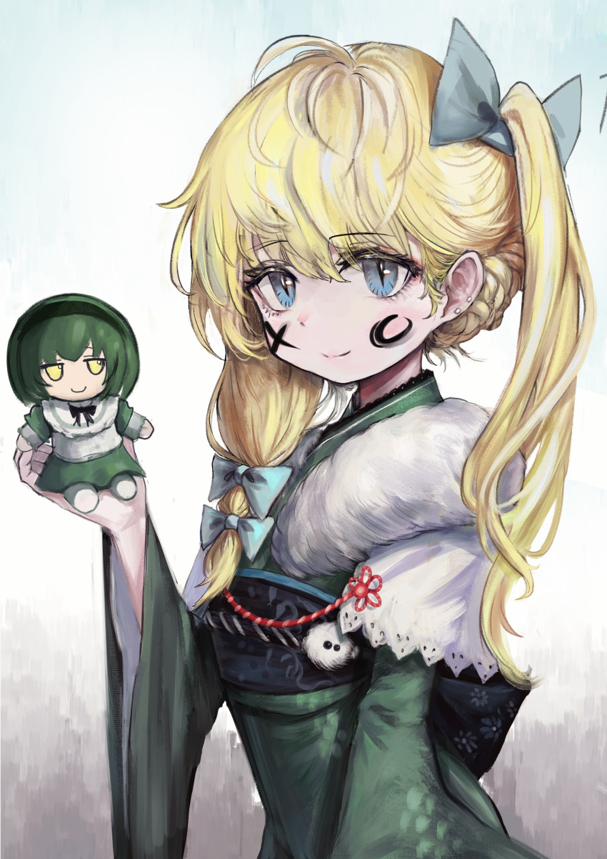 1boy absurdres alternate_costume bill_(black_souls) black_souls black_souls_2 blonde_hair blue_bow blue_eyes bow character_doll circle_facial_mark closed_mouth doll dress ear_piercing facial_mark fumo_(doll) green_dress green_hair hair_bow hairband highres holding holding_doll piercing ropeperson serpent_god_(black_souls) side_ponytail slit_pupils smile trap upper_body x x_facial_mark yellow_eyes