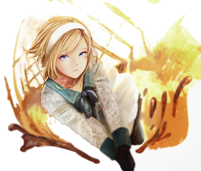 1girl azelweien black_gloves blonde_hair blue_eyes boots bow bowtie closed_mouth commentary commentary_request dress end_of_eternity english_commentary floating_hair frown gloves hairband highres holster jewelry long_hair long_sleeves looking_at_viewer necklace reanbell simple_background solo wind