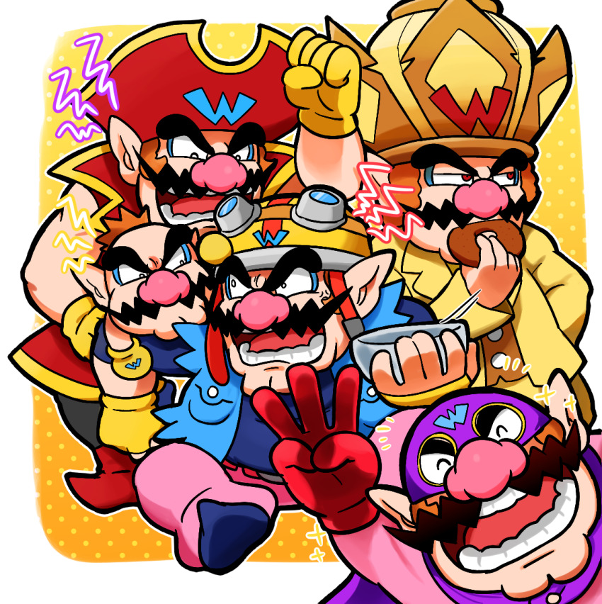 5boys big_nose captain_wario_(game_&amp;_wario) cleft_chin donut facial_hair fingerless_gloves food game_&amp;_wario gloves goggles goggles_on_headwear hat helmet holding holding_donut holding_food hoshi_(star-name2000) motorcycle_helmet multiple_boys mustache nintendo pants pink_pants pirate_costume pirate_hat pointy_ears pot_on_head red_eyes red_gloves superhero_costume tiny_wario wario wario-man wario_deluxe warioware warioware_gold yellow_gloves