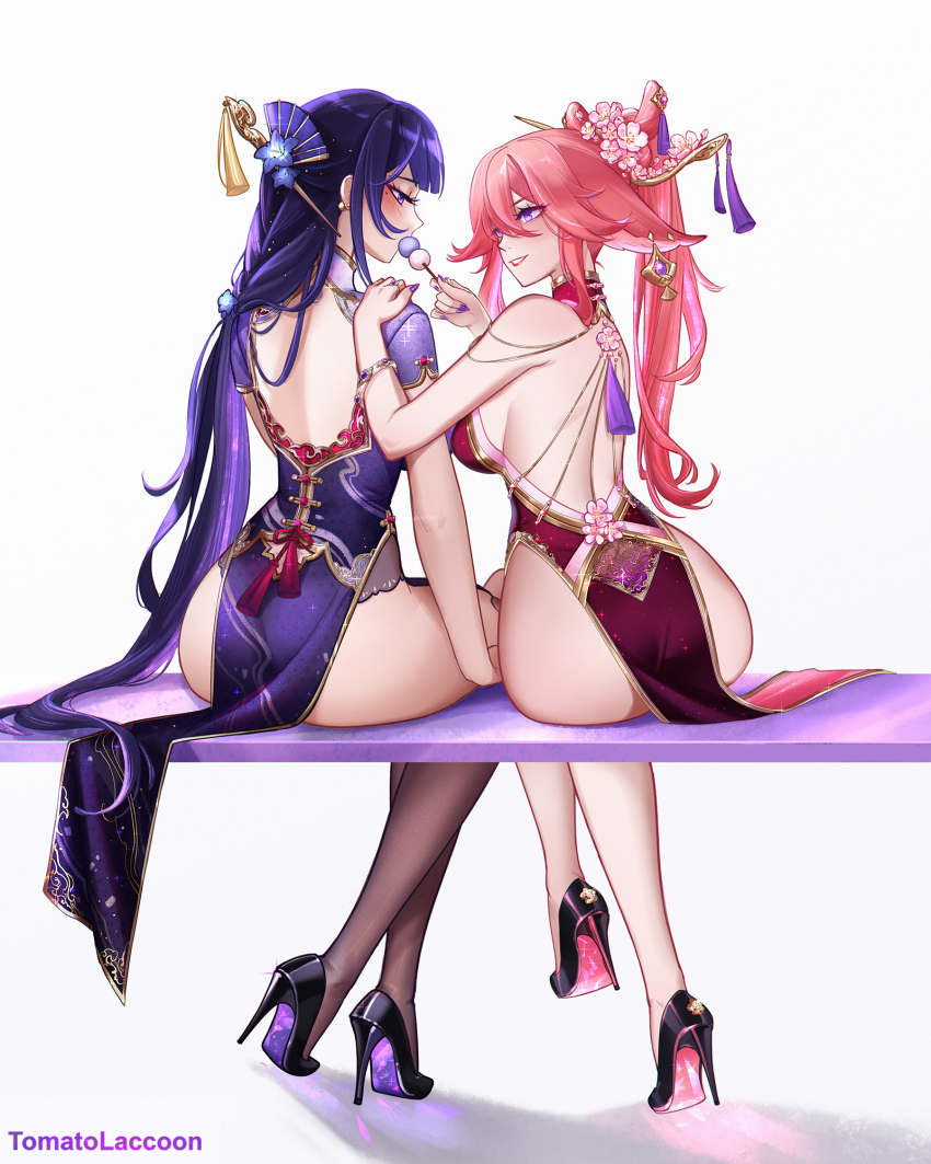 2girls alternate_costume artist_name ass back backless_dress backless_outfit black_thighhighs bracelet breasts china_dress chinese_clothes clenched_teeth closed_mouth crossed_legs dango dress earrings fingernails food food_in_mouth from_behind full_body genshin_impact hair_ornament hand_on_another&#039;s_shoulder high_heels highres holding holding_food jewelry large_breasts long_hair looking_at_another looking_back median_furrow mole mole_under_eye multiple_girls nail_polish patent_heels pelvic_curtain pink_hair pink_soles pumps purple_dress purple_eyes purple_hair purple_nails purple_shoes purple_soles raiden_shogun red_dress sanshoku_dango shoes sitting solo stiletto_heels teeth thighhighs tomatolaccoon very_long_hair wagashi yae_miko