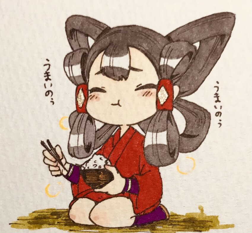 1girl anderson_m0311 black_hair blush bowl chibi chopsticks closed_eyes eating full_body hair_rings highres holding holding_chopsticks japanese_clothes kimono long_hair mizura photo_(medium) red_kimono rice sakuna-hime seiza sitting smile solo tensui_no_sakuna-hime traditional_media