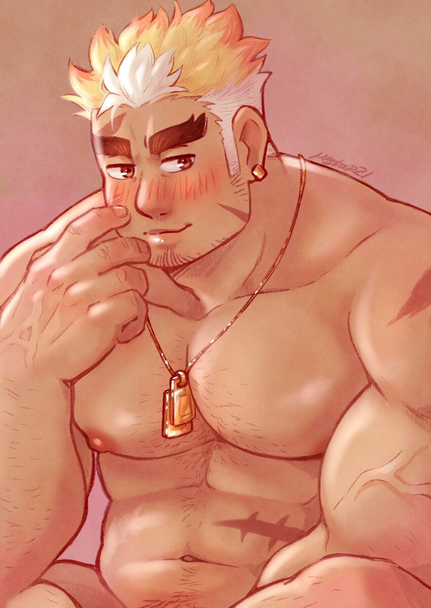 1boy bara blonde_hair burn_scar commentary dog_tags earrings english_commentary facial_hair goatee_stubble hand_on_own_face highres jewelry large_pectorals looking_to_the_side male_focus multicolored_hair muscular muscular_male mystar21 navel nude pectorals pink_background scar scar_on_face scar_on_shoulder scar_on_stomach short_hair sideburns_stubble signature single_earring solo sparse_chest_hair sparse_leg_hair sparse_navel_hair stubble sweatdrop thick_eyebrows tokyo_houkago_summoners two-tone_hair ulaanbaatar_(housamo) upper_body variant_set veins veiny_arms white_hair