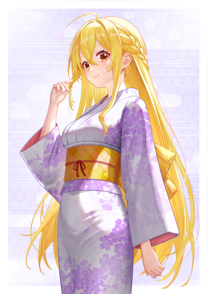 1girl absurdres ahoge blonde_hair braid brown_eyes chiin closed_mouth commentary_request egasumi floral_print hair_between_eyes hair_intakes hand_up highres honeycomb_(pattern) honeycomb_background japanese_clothes kimono long_hair long_sleeves obi original print_kimono sash smile solo very_long_hair white_kimono wide_sleeves