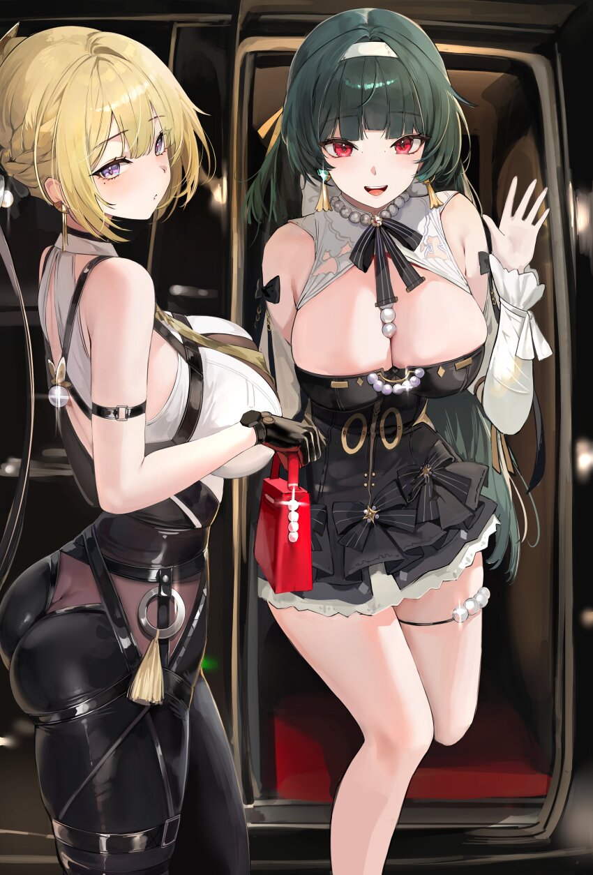 2girls absurdres ass astra_yao astra_yao_(chandelier) bag bare_shoulders black_dress black_gloves black_hair black_pants blonde_hair breasts car collar commentary dress earrings evelyn_chevalier gloves hairband hashtag-only_commentary high-waist_pants highres holding holding_bag jewelry large_breasts lillly limousine long_hair looking_at_viewer motor_vehicle multiple_girls necktie official_alternate_costume open_mouth pants purple_eyes red_bag red_eyes shirt short_hair sidelocks sleeveless sleeveless_shirt smile tight_clothes tight_pants very_long_hair waving white_collar white_hairband white_shirt yellow_necktie zenless_zone_zero