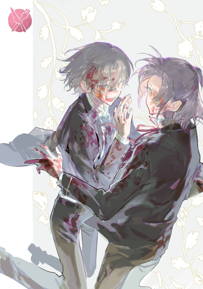 2boys black_jacket black_pants blonde_hair blood blood_on_clothes blood_on_face blood_on_hands collared_shirt flower highres jacket long_sleeves looking_at_another male_focus multiple_boys neck_ribbon open_clothes open_jacket open_mouth original pants purple_hair qyzhiaiyisheng red_eyes ribbon shirt short_hair smile white_shirt