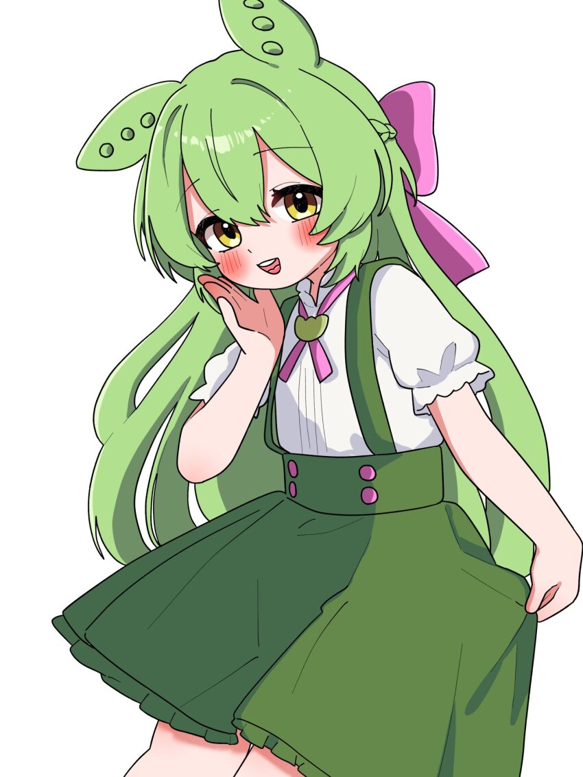 1girl blush bow buttons green_hair green_skirt hair_bow hand_up haru_maron highres long_hair looking_at_viewer neck_ribbon open_mouth ribbon shirt short_sleeves simple_background skirt skirt_hold smile solo suspender_skirt suspenders voiceroid voicevox white_background white_shirt yellow_eyes zundamon