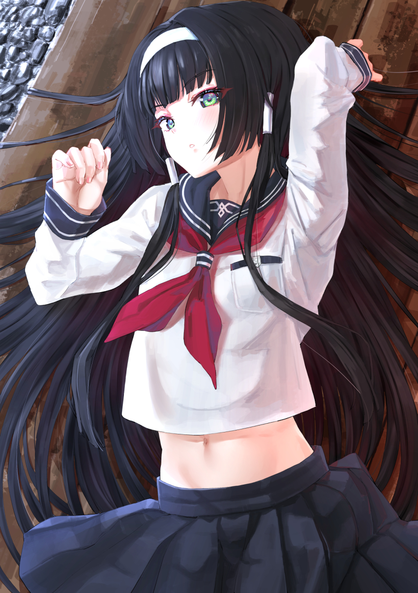 1girl :o arm_up bishoujo_mangekyou bishoujo_mangekyou:_kotowari_to_meikyuu_no_shoujo bishoujo_mangekyou_(series) black_hair black_skirt blunt_bangs blush breast_pocket chen_bingyou colored_eyelashes eyelashes female_focus green_eyes highres hime_cut long_hair long_sleeves lying midriff nail_polish navel neckerchief on_back on_floor pink_nails pleated_skirt pocket red_neckerchief renge_(bishoujo_mangekyou) school_uniform serafuku skirt solo upper_body very_long_hair wooden_floor