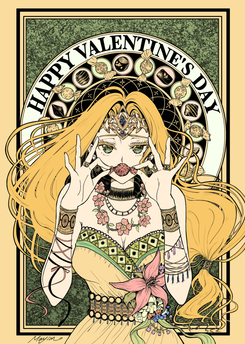1girl absurdres alternate_costume artist_name blonde_hair blue_flower blue_gemstone border bracelet breasts candy chocolate choker cleavage colored_eyelashes commentary_request covering_own_mouth dragon_quest dragon_quest_vi dress dress_flower earrings floating_hair flower flower_necklace flower_request food gem gold_tiara green_eyes green_trim happy_valentine highres holding holding_candy holding_food jewelry large_breasts limited_palette long_hair looking_at_viewer low-tied_long_hair mayim mireyu multicolored_dress multiple_bracelets multiple_necklaces multiple_rings necklace orange_border orange_dress parted_hair pink_flower ring solo strapless strapless_dress tiara upper_body valentine wrapped_candy yellow_flower