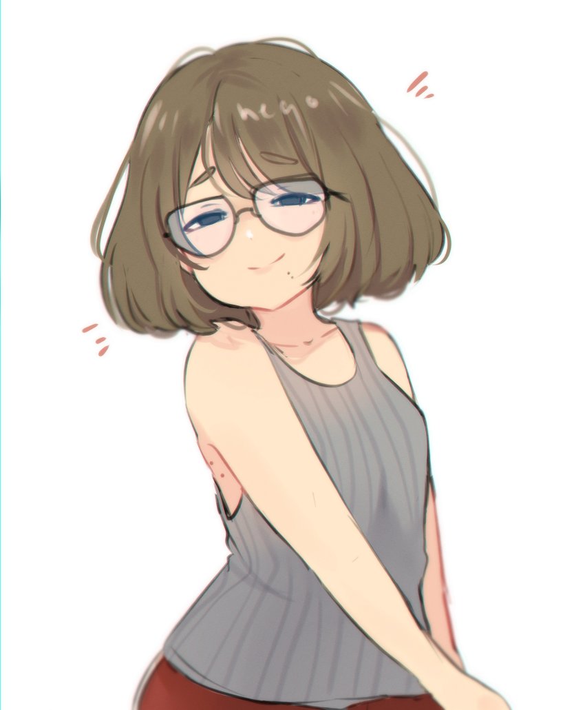 1girl absurdres artist_self-insert bare_shoulders blue_eyes brown_hair closed_mouth commentary glasses highres looking_at_viewer mole mole_under_mouth neqo_(neneneqo) original shirt short_hair simple_background sleeveless sleeveless_shirt smile solo symbol-only_commentary white_background