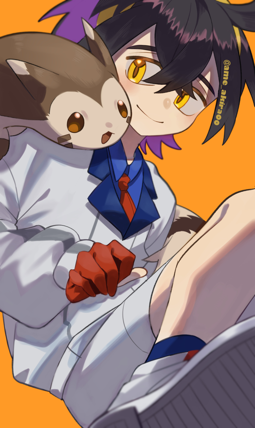 1boy absurdres ame_akira black_hair blue_shirt blue_socks closed_mouth collared_shirt commentary_request crossed_bangs furret gen_2_pokemon gloves hair_between_eyes happy highres jacket kieran_(pokemon) male_focus necktie nintendo on_shoulder orange_background partially_fingerless_gloves pokemon pokemon_(creature) pokemon_on_shoulder pokemon_sv red_gloves red_necktie shirt shoes short_hair shorts smile socks white_footwear white_jacket white_shorts yellow_eyes