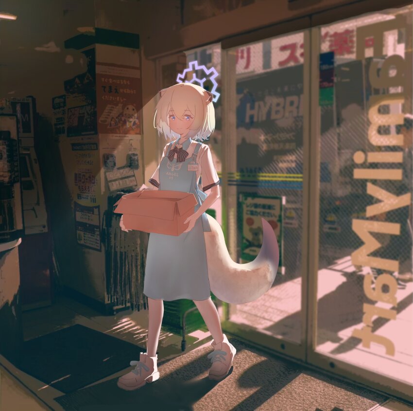 1girl angel&#039;s_24_uniform_(blue_archive) animal_ears apron atm black_bow black_bowtie blonde_hair blue_apron blue_archive bow bowtie box cardboard_box collared_shirt commentary convenience_store familymart gradient_hair green_hair hair_between_eyes halo highres holding holding_box indoors multicolored_hair purple_eyes sakuratani_hane shigure_(blue_archive) shirt shop short_hair short_sleeves sliding_doors striped_bow striped_bowtie striped_clothes tail umbrella weasel_ears weasel_tail white_footwear white_shirt white_sneakers