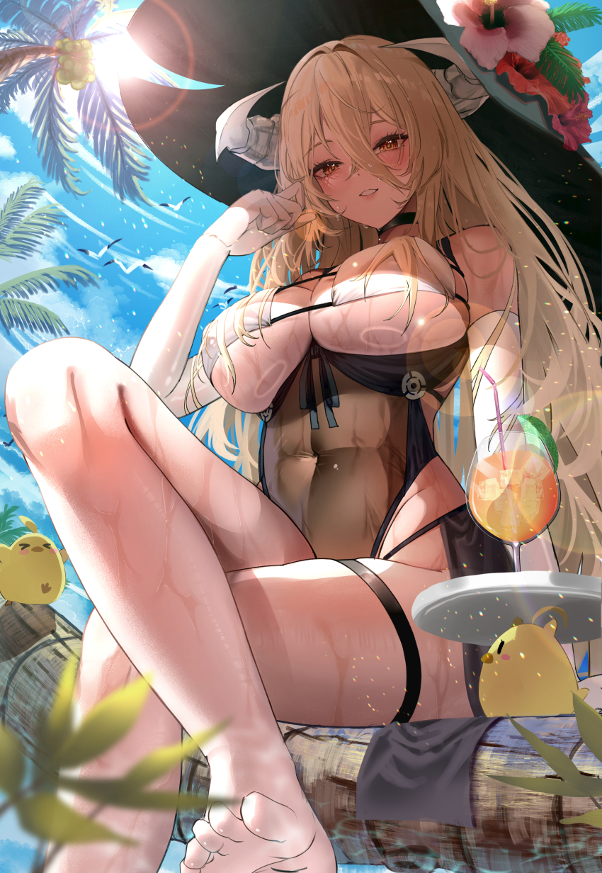 &gt;_&lt; 1girl absurdres adapted_costume azur_lane blonde_hair blue_sky breasts cocktail_glass commentary_request covered_erect_nipples crossed_legs cup day drinking_glass flower from_below hair_between_eyes hat hat_flower highres horns ice ice_cube implacable_(azur_lane) large_breasts long_hair long_hair_between_eyes looking_at_viewer manjuu_(azur_lane) outdoors palm_tree pink_flower red_eyes rossy_(yowayowachimpo) sitting sky smile solo summer sun_hat thigh_strap tree very_long_hair white_horns