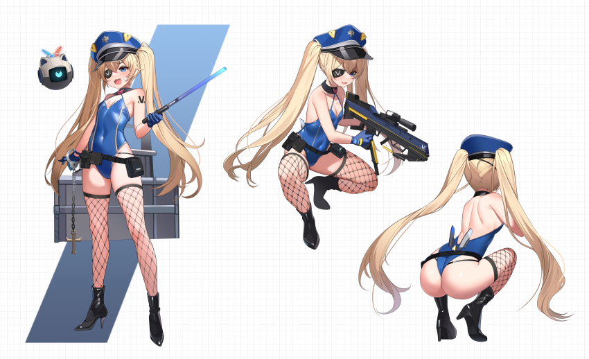 1girl :d absurdres ass bandaid bandaid_on_cheek bandaid_on_face bare_shoulders belt belt_pouch black_belt black_collar black_footwear blonde_hair blue_eyes blue_gloves blue_headwear blue_leotard breasts cleavage collar collarbone commentary_request covered_navel cuffs drone eyepatch fang fishnet_thighhighs fishnets full_body gloves goddess_of_victory:_nikke hair_between_eyes handcuffs hat high_heels highres holding holding_weapon laplace_(nikke) leotard long_hair looking_at_viewer noumin_(nayusi99) open_mouth peaked_cap police_hat pouch shoulder_tattoo sidelocks skin_fang skindentation small_breasts smile squatting standing tattoo thighhighs traffic_baton twintails weapon weapon_case white_background