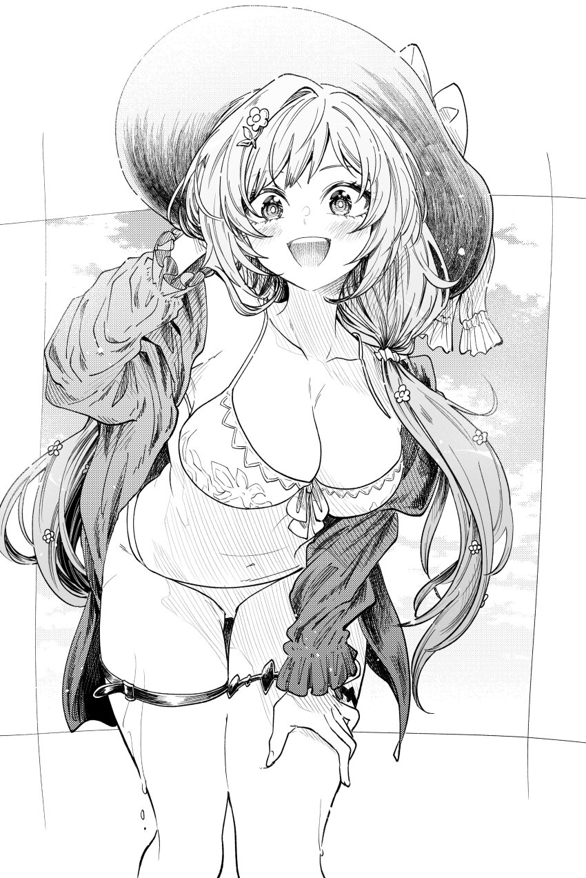 1girl absurdres belt bikini black_hat blush bow breasts cleavage cloud flower flower_hairpin granblue_fantasy greyscale hair_flower hair_ornament hand_in_own_hair hat hat_bow highres jacket large_breasts makotosub1101 monochrome navel raziel_(granblue_fantasy) raziel_(summer)_(granblue_fantasy) smile solo sun_hat swimsuit thigh_belt thigh_strap white_bikini