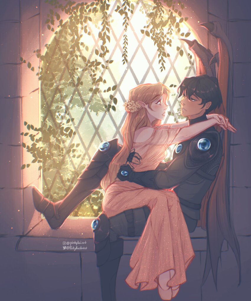 1boy 1girl a_court_of_thorns_and_roses_(series) absurdres arm_around_neck armor azriel_(acotar) bat_wings black_armor black_hair black_wings boots dress elain_archeron eye_contact flower foliage foot_out_of_frame from_side full_body hair_flower hair_ornament hand_around_neck hand_around_waist hand_on_another&#039;s_back hanging_plant head_wreath highres instagram_username long_dress looking_at_another on_lap pink_dress pinkykeiartist plant pointy_ears profile sitting sitting_on_lap sitting_on_person sunlight twitter_username window wings