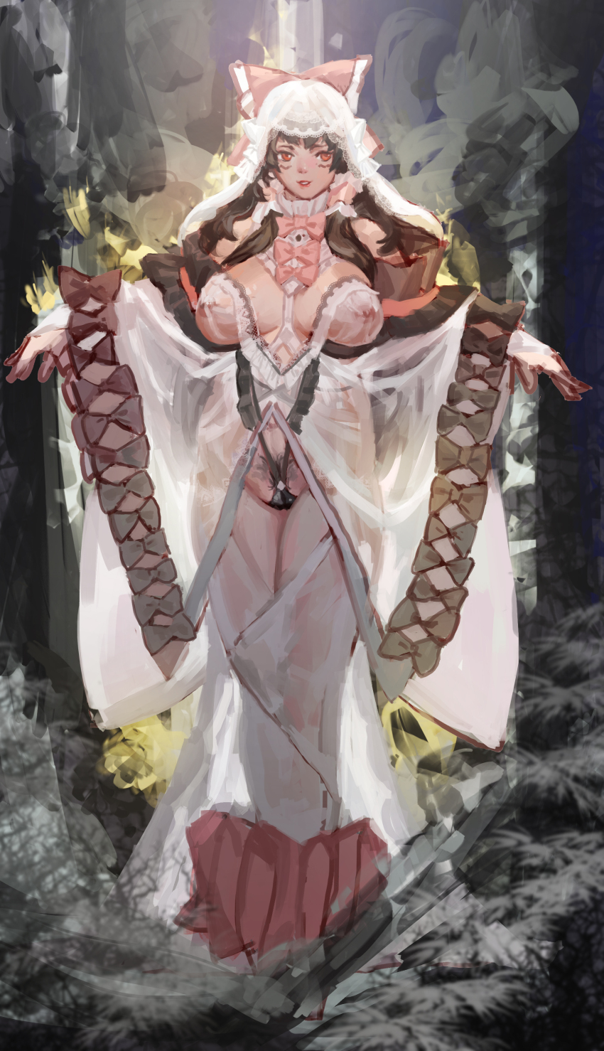 1girl absurdres alternate_costume black_bow black_hair blush bow bowtie breasts cameltoe collar commentary_request cookie_(touhou) covered_erect_nipples d_tomoki detached_collar dress female_pubic_hair frilled_hair_tubes frills full_body grey_background grey_pubic_hair hair_bow hair_tubes hakurei_reimu highres kanna_(cookie) large_breasts long_hair looking_at_viewer off-shoulder_dress off_shoulder parted_lips pink_bow pink_bowtie pubic_hair see-through_clothes see-through_dress sidelocks smile solo standing too_many_bows touhou white_collar white_dress wide_sleeves