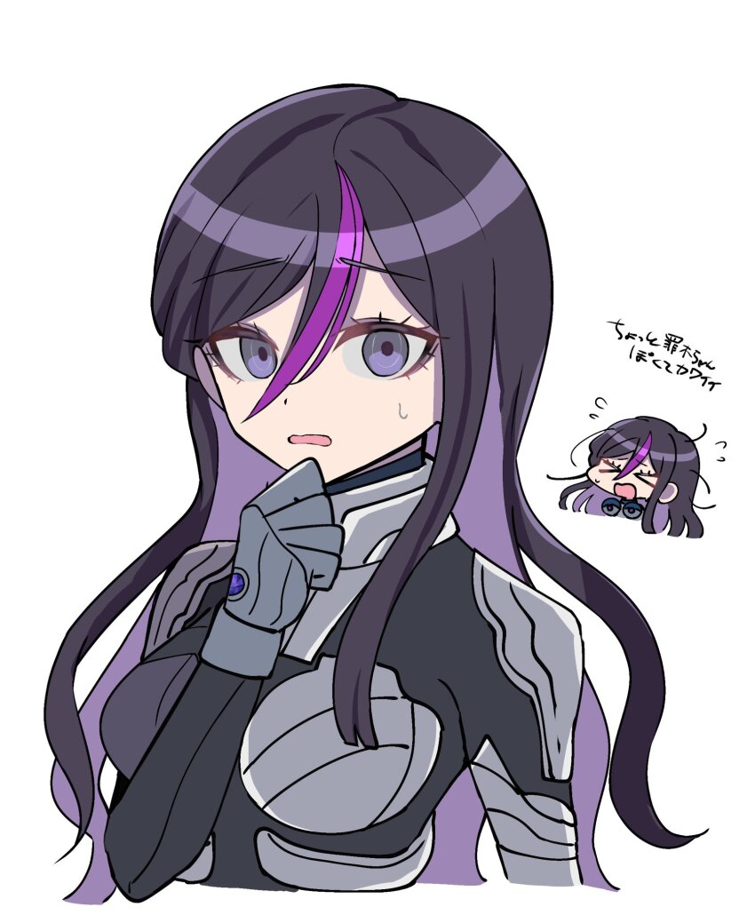 &gt;_&lt; 1girl chibi eva_(hundred_line) eyebrows eyelashes female_focus hand_up highres japanese_text looking_at_viewer matching_hair/eyes open_mouth pink_hair purple_eyes purple_hair simple_background solo solo_focus sweat the_hundred_line_-last_defense_academy- translation_request upper_body white_background