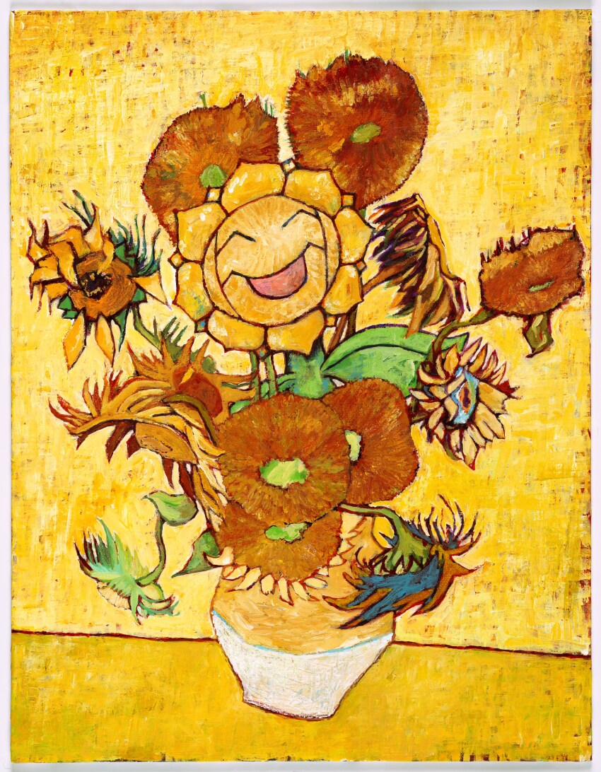 :d ^_^ absurdres border closed_eyes fine_art_parody flower gen_2_pokemon highres komiya_tomokazu nintendo no_humans official_art open_mouth painting_(medium) parody plant pokemon pokemon_(creature) potted_plant second-party_source smile solo sunflora sunflower sunflowers_(van_gogh) traditional_media vincent_van_gogh_(style) white_border yellow_background yellow_theme