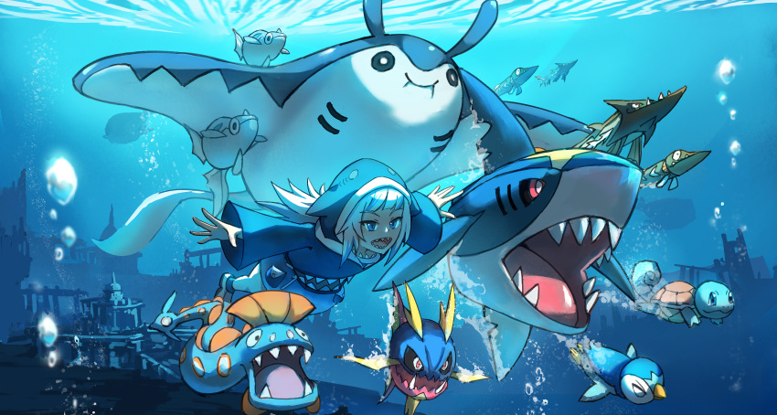1girl absurdres air_bubble animal_hood arrokuda barraskewda blue_eyes blue_hoodie blunt_bangs bubble carvanha commentary_request crossover gawr_gura gen_1_pokemon gen_2_pokemon gen_3_pokemon gen_4_pokemon gen_8_pokemon highres hololive hololive_english hood hood_up hoodie huntail kecilang_buzhang long_hair long_sleeves mantine multicolored_hair nintendo open_mouth outstretched_arms piplup pokemon pokemon_(creature) remoraid ruins shark_hood sharp_teeth sharpedo silhouette smile spread_fingers squirtle streaked_hair teeth tongue underwater virtual_youtuber