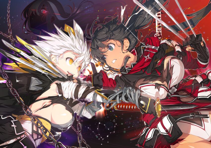 3girls absurdres armor battle belt belt_buckle belt_pouch bikini_tan black_belt black_hair breasts buckle chain character_request cleavage clenched_teeth constellation dark-skinned_female dark_skin dual_wielding explosion fighting flying_sweatdrops gem green_eyes groin hair_ribbon hand_gesture high_collar high_ponytail highres holding holding_sword holding_weapon homura_(senran_kagura) japanese_armor japanese_clothes katana kote kuji-in kurokote large_breasts long_hair miyabi_(senran_kagura) multiple_girls multiple_swords multiple_wielding ninja official_alternate_costume official_art open_mouth ophiuchus_(constellation) ponytail pouch red_gemstone ribbon senran_kagura senran_kagura_new_link senran_kagura_shinovi_versus senran_kagura_shoujo-tachi_no_shin&#039;ei short_hair shuriken sideboob sky slit_pupils smile star_(sky) star_(symbol) starry_sky starry_sky_background sweat sword tan tanline teeth torn_clothes weapon white_hair white_ribbon yaegashi_nan yellow_eyes