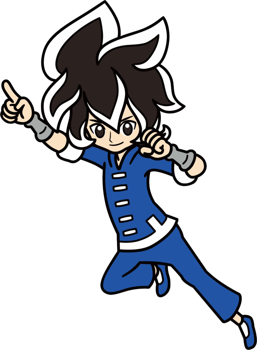 1boy black_hair closed_mouth highres loose_pants martial_arts_jacket metal_wrist_cuffs nintendo shoes short_sleeves warioware white_hair_tips young_cricket_(warioware)