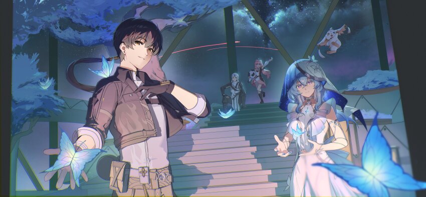 2boys 2girls aalto_(wuthering_waves) abby_(wuthering_waves) absurdres ahoge armlet ashamutoki black_gloves black_jacket black_pants blue_butterfly blue_hair blue_nails blue_veil breasts bug butterfly closed_mouth coat collared_jacket colored_eyelashes commentary dress encore_(wuthering_waves) gloves grey_shirt hair_between_eyes hand_on_own_knee hand_up hashtag-only_commentary highres insect jacket jewelry large_breasts long_hair looking_at_viewer male_rover_(wuthering_waves) multiple_boys multiple_girls nail_polish nebula night night_sky open_clothes open_jacket pangu_terminal_(wuthering_waves) pants pink_hair pink_skirt purple_eyes rover_(wuthering_waves) shirt sitting skirt sky sleeveless sleeveless_dress sleeves_rolled_up smile standing standing_on_one_leg shorekeeper_(wuthering_waves) two-tone_veil veil white_coat white_dress white_hair white_veil wuthering_waves