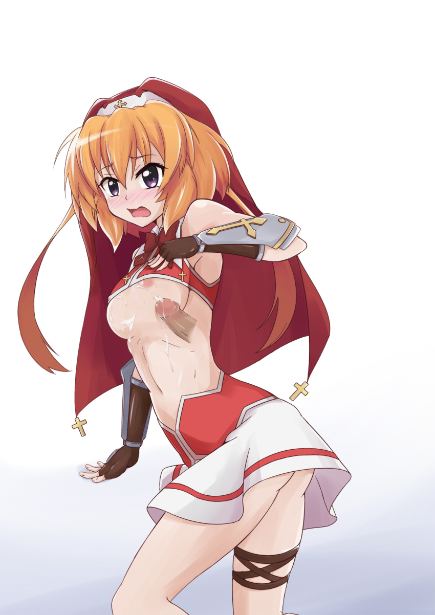 10s 1boy 1girl blush breasts chantez_apinion cum cum_on_body cum_on_breasts cum_on_upper_body highres lyrical_nanoha mahou_shoujo_lyrical_nanoha_vivid nun orange_hair penis photo_(moeeki) purple_eyes small_breasts underboob