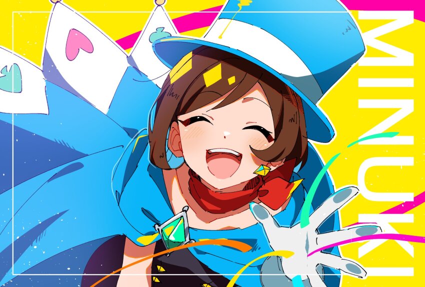 1girl :d ^_^ ace_attorney apollo_justice:_ace_attorney black_dress blue_cape blue_hat brown_hair cape closed_eyes commentary_request confetti dress gloves hat highres inset_border maka_gtsb open_mouth pink_background red_scarf scarf simple_background smile solo teeth top_hat trucy_wright two-tone_background upper_teeth_only waving white_gloves yellow_background