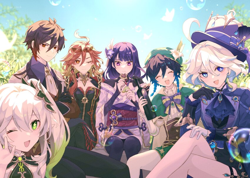 2boys 4girls :d :t ;) ;d ^_^ absurdres ahoge aqua_hair ascot asymmetrical_gloves biker_clothes bikesuit black_bodysuit black_gloves black_hair black_pants blonde_hair blue_ascot blue_eyes blue_hair blue_hat blue_jacket blue_pupils bodysuit bottle bow braid breasts brown_hair character_cookie closed_eyes commentary_request cookie crossed_arms crossed_legs day drop-shaped_pupils earrings eating flower food furina_(genshin_impact) genshin_impact gloves gold_trim gradient_hair green_eyes green_hair green_hat hair_between_eyes hair_ornament hat hat_flower heterochromia highres holding holding_bottle holding_cookie holding_food hydro_symbol_(genshin_impact) jacket japanese_clothes jewelry kimono large_breasts light_blue_hair light_blush long_hair looking_at_viewer mavuika_(genshin_impact) medium_hair mismatched_gloves multicolored_hair multiple_boys multiple_girls nahida_(genshin_impact) obi one_eye_closed open_mouth osotoakarui_t ouji_fashion outdoors pants purple_bow purple_eyes purple_hair purple_kimono raiden_shogun red_hair red_sash sash short_hair side_ponytail sitting smile star-shaped_pupils star_(symbol) streaked_hair striped_bow symbol-shaped_pupils thigh_strap venti_(genshin_impact) vision_(genshin_impact) white_flower white_gloves white_hair wine_bottle yellow_bow zhongli_(genshin_impact)