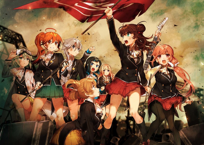 6+girls ahoge arm_up black_jacket black_socks blue_eyes brown_eyes brown_hair eyewear_on_head fine_art_parody flag floating_hair green_eyes green_hair green_skirt grin guitar hair_between_eyes hair_ornament highres holding holding_flag holding_instrument holding_microphone instrument jacket kneehighs kneeling liberty_leading_the_people long_hair looking_back looking_up microphone microphone_stand miniskirt multiple_girls neckerchief open_mouth orange_hair outdoors pantyhose parody pleated_skirt red_skirt sakura_yuki_(clochette) school_uniform short_hair side_ponytail silver_hair skirt smile socks very_long_hair white_neckerchief yellow_skirt