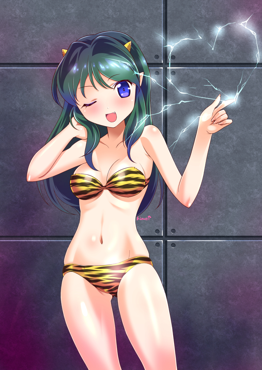 1girl ;d animal_print bare_arms bare_shoulders bikini blue_eyes breasts cleavage collarbone cone_horns electricity green_hair groin heart highres himehachi_(hime8manga) horns legs_apart long_hair looking_at_viewer lum medium_breasts navel one_eye_closed oni open_mouth pointy_ears print_bikini small_horns smile solo standing strapless strapless_bikini swimsuit tiger_print urusei_yatsura yellow_horns