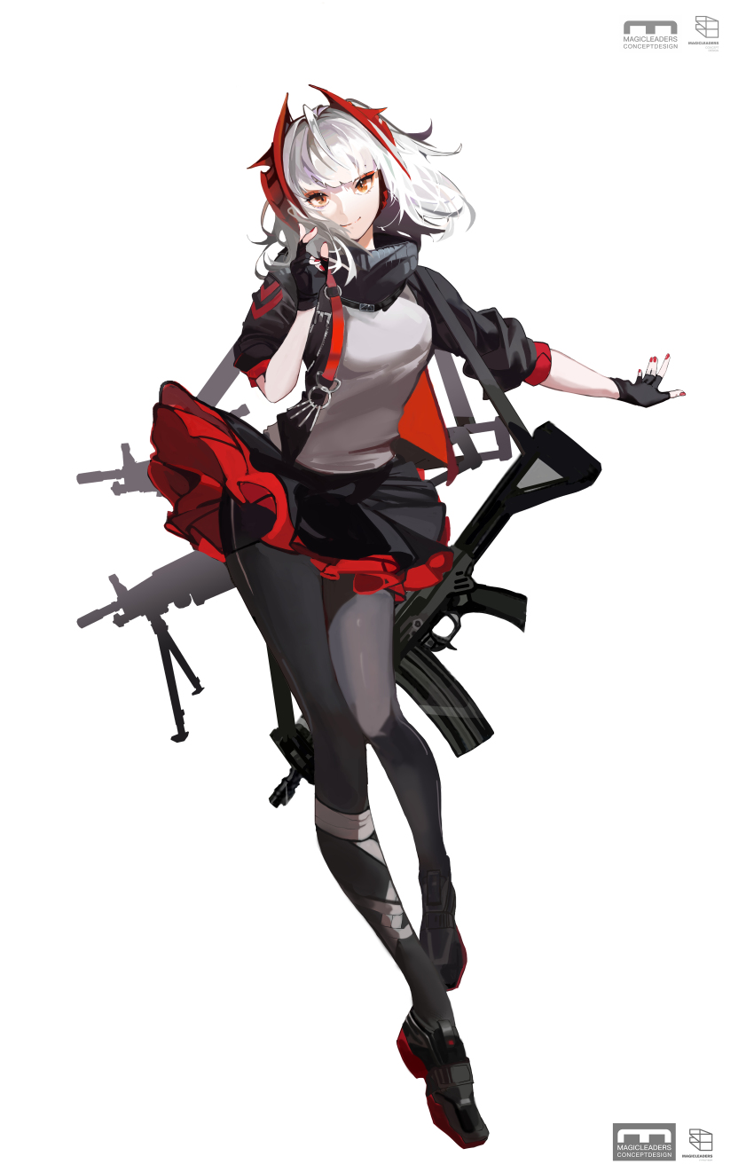 1girl absurdres ahoge arknights assault_rifle bag bandaged_leg bandages bipod black_footwear black_gloves black_jacket black_pantyhose blunt_bangs breasts check_weapon chinese_commentary commentary fingerless_gloves full_body gloves gun gun_sling highres horns imi_galil imi_negev incredibly_absurdres jacket layered_skirt light_machine_gun looking_at_viewer m249_saw machine_gun magicleaders medium_breasts medium_hair nail_polish open_clothes open_jacket pantyhose red_nails rifle shirt shoulder_bag simple_background skirt sleeves_rolled_up solo tachi-e w_(arknights) weapon weapon_request white_background white_hair white_shirt yellow_eyes zhizhicyzey