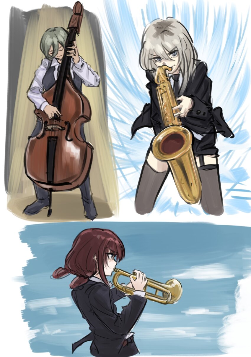 black_jacket black_necktie black_pants black_shirt black_thighhighs black_vest blue_eyes brown_hair closed_eyes closed_mouth commentary double_bass garter_straps girls_band_cry grey_eyes grey_hair hair_between_eyes highres holding holding_instrument holding_saxophone holding_trumpet instrument iseri_nina jacket kawaragi_momoka long_hair long_hair_between_eyes long_sleeves low_twintails multicolored_hair music necktie pants playing_instrument roots_(hair) rupa_(girls_band_cry) saxophone shirt short_hair short_twintails thighhighs tomare_(akashingou) trumpet twintails vest white_shirt