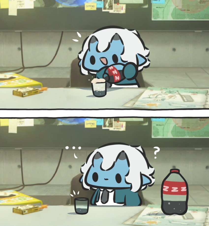 ... 1girl ? black_eyes black_necktie blue_skin chibi chibi_only colored_skin cup food highres horns looking_at_object necktie open_mouth pointy_ears shirt skin-covered_horns soda soda_bottle soukaku_(zenless_zone_zero) superappleman white_hair white_shirt zenless_zone_zero