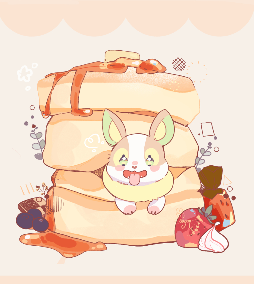 berry butter commentary fangs food fruit gen_8_pokemon green_eyes highres nintendo open_mouth pancake pokemon pokemon_(creature) signature strawberry sugahri syrup toes tongue tongue_out yamper