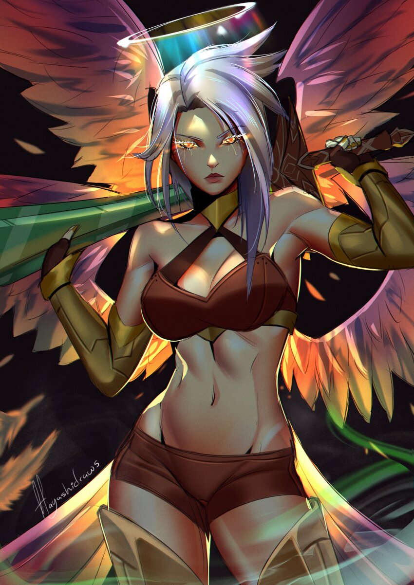 1girl absurdres armor artist_name bare_shoulders black_background breasts brown_shorts cleavage closed_mouth cowboy_shot detached_sleeves gradient_background grey_hair halo hands_up hayashidraws highres holding holding_sword holding_weapon kayle_(league_of_legends) large_breasts league_of_legends long_hair multiple_wings navel red_eyes shorts solo stomach sword weapon wings