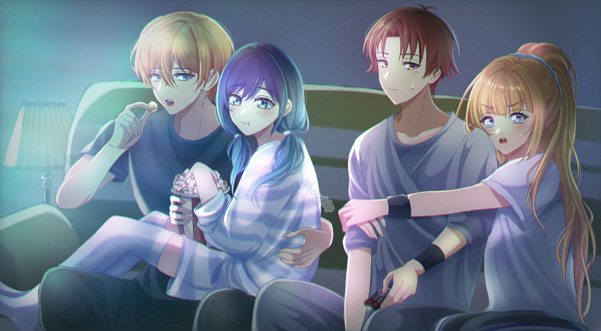 2boys 2girls :t antenna_hair arm_around_back ayanokouji_kiyotaka black_pants blonde_hair blue_eyes blue_hair blue_scrunchie blush breasts brown_hair bucket collarbone commentary controller couch couple curtained_hair eating english_commentary eyelashes fingernails floor_lamp food grey_pants grey_shirt grey_thighhighs hair_between_eyes hair_ornament hair_scrunchie hair_tie hand_on_another&#039;s_back hetero high_ponytail highres holding holding_bucket holding_food holding_remote_control hoshino_aquamarine hug hug_from_behind indoors karuizawa_kei kurokawa_akane lamp long_bangs long_hair looking_ahead looking_to_the_side low_twintails multiple_boys multiple_girls on_couch open_mouth oshi_no_ko oversized_clothes oversized_shirt pants ponytail popcorn purple_eyes remote_control rooks_(booship) scrunchie shirt short_hair short_sleeves sitting sitting_on_lap sitting_on_person striped_clothes striped_shirt sweatband sweatdrop t-shirt thighhighs turning_head twintails twitter_username watching_television youkoso_jitsuryoku_shijou_shugi_no_kyoushitsu_e