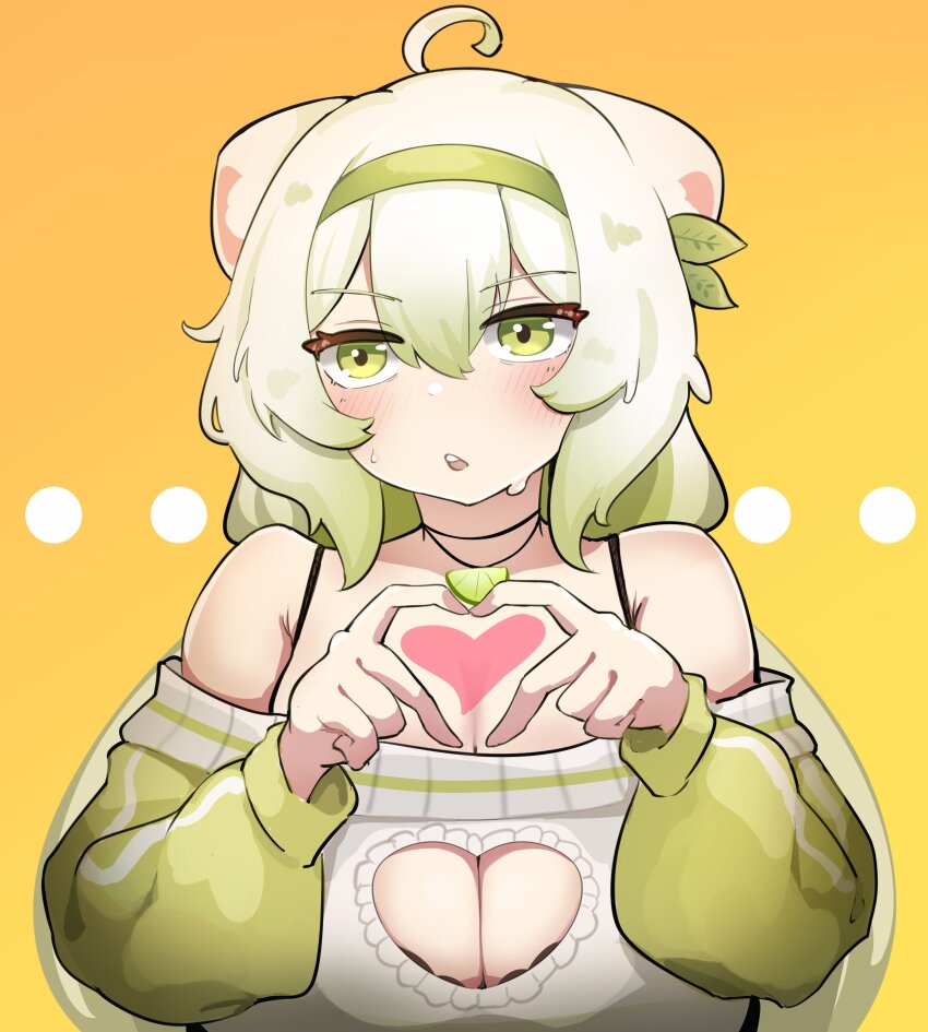 ... absurdres ahoge animal_ears bare_shoulders blush bra breasts cleavage_cutout clothing_cutout embarrassed ferret ferret_ears ferret_girl food fruit green_eyes hairband heart heart_hands highres indie_virtual_youtuber laimu_(vtuber) laimu_(vtuber)_(cozy) large_breasts lime_(fruit) lime_necklace lime_slice long_hair looking_past_viewer sae_art simple_background sweatdrop sweater twintails underwear upper_body vinesauce virtual_youtuber yellow_background
