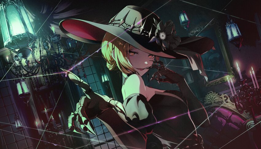 1girl architecture armchair armpit_crease bare_shoulders black_dress black_flower black_gemstone black_gloves black_hat black_theme bloom_festival_(project_sekai) book bookshelf breasts brown_eyes brown_hair candle candlelight candlestand castle chair chandelier claw_ring clear_sky colorful_palette curtains darkness detached_collar detached_sleeves dot_nose dress dripping dutch_angle easy_chair elbow_gloves evil_smile eyelashes eyeshadow finger_to_mouth flower gem gem_belt glitter_makeup gloves goth_fashion gothic_architecture grey_ribbon hair_behind_ear hair_bun hair_over_shoulder hair_up half-closed_eyes hand_on_own_face hands_up hanging_lantern hanging_light hat hat_flower hat_ribbon head_tilt highres index_finger_raised indoors lantern lipstick liquid living_room long_eyelashes looking_at_viewer makeup medium_breasts meiko_(vocaloid) mobile nape_braid night night_sky official_alternate_costume official_alternate_hairstyle official_art painting_(object) parted_bangs parted_lips picture_frame pink_eyeshadow pink_lips project_sekai puffy_short_sleeves puffy_sleeves pulling_thread ribbon ringed_eyes shade short_sleeves shoulder_blades sideboob silver_trim single_hair_bun single_sidelock sky smile solo strapless strapless_dress sun_hat third-party_source thread turning_head upper_body victorian vocaloid window