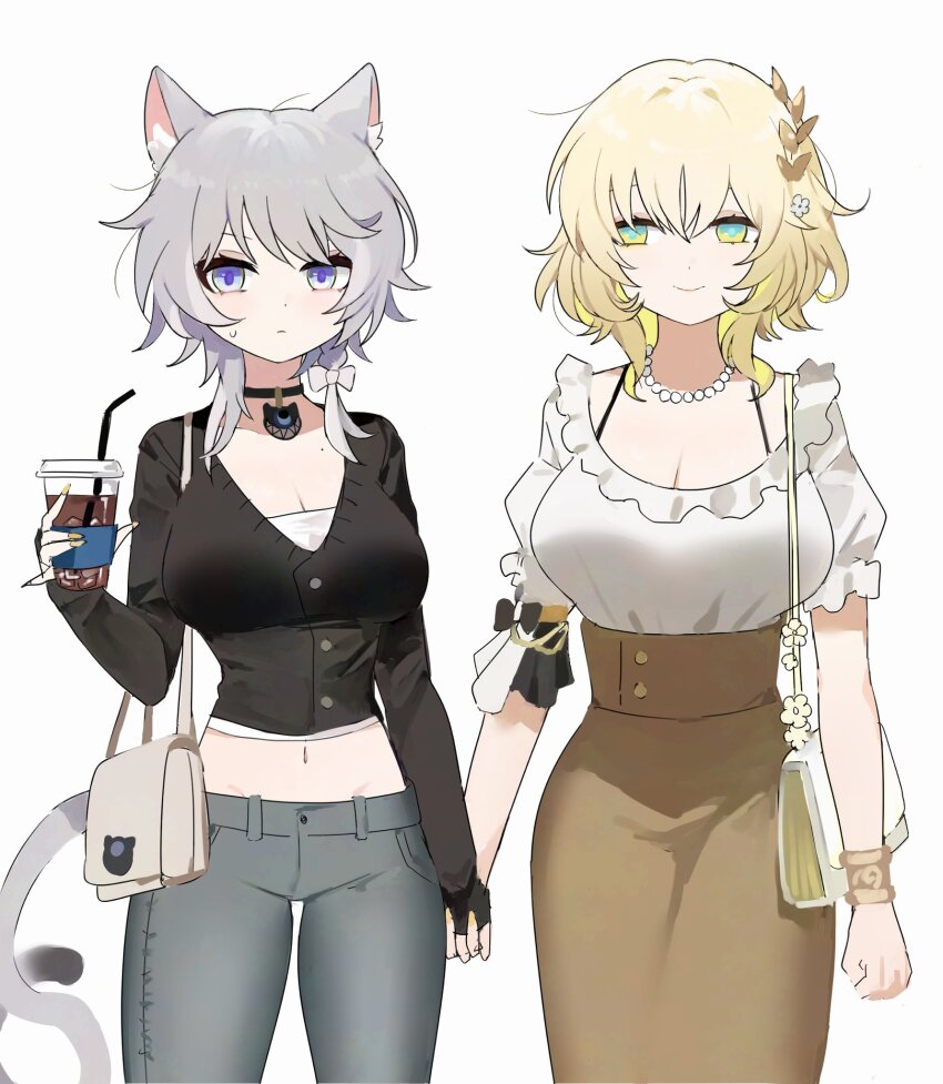2girls aglaea_(honkai:_star_rail) alternate_costume animal_ear_fluff animal_ears bag bead_necklace beads black_cardigan black_choker blonde_hair blue_eyes bow breasts brown_skirt cardigan casual cat_ears cat_girl cat_tail choker cipher_(honkai:_star_rail) collarbone commentary_request cowboy_shot cup denim green_eyes hair_bow handbag high-waist_skirt highres holding holding_cup holding_hands honkai:_star_rail honkai_(series) hsk10107 interlocked_fingers jeans jewelry korean_commentary large_breasts midriff mole mole_on_collarbone multiple_girls navel necklace pants shirt short_hair simple_background skirt smile tail white_background white_bow white_hair white_shirt yuri