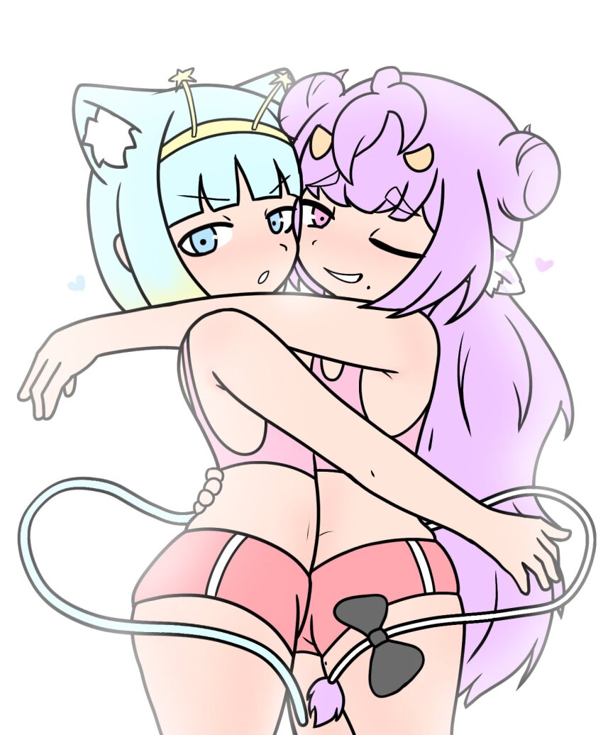 2girls animal_ears artist_request blue_eyes blue_hair cat_ears cat_tail cow_ears cow_tail double_bun flat_chest gradient_hair grin hair_bun heart horns hug jelly_hoshiumi looking_at_viewer midriff mole multicolored_hair multiple_girls muu_muyu navel one_eye_closed phase_connect pink_eyes purple_hair shorts smile sports_bra tail virtual_youtuber white_background